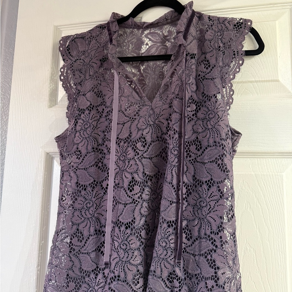 White House Black Market Purple Embellished Tie Front Blouse